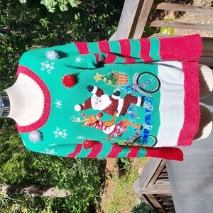Ladies Ugly Sweater contest, green, Santa, Rudolph, pompoms, sequins, sz XL